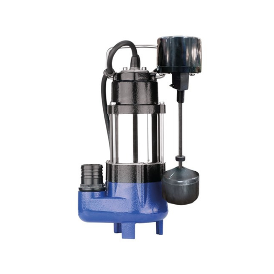 Bianco Pumpz B18VAS2 submersible vortex drainage pump with cast iron semi-vortex impeller, vertical fixed float, 133 liters per minute flow rate, 7 meter head - ideal for greywater and sump pumping