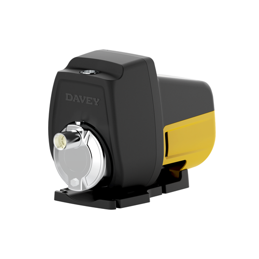 Davey EvoDrive constant pressure pump with black body and yellow control panel, front angle view