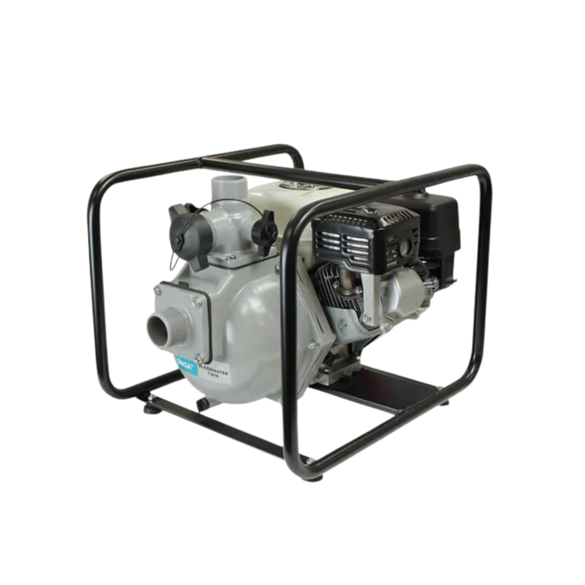 Onga Blazemaster twin stage transfer pump with Honda GX engine, aluminium construction, portable frame, high-pressure centrifugal design for water transfer and irrigation